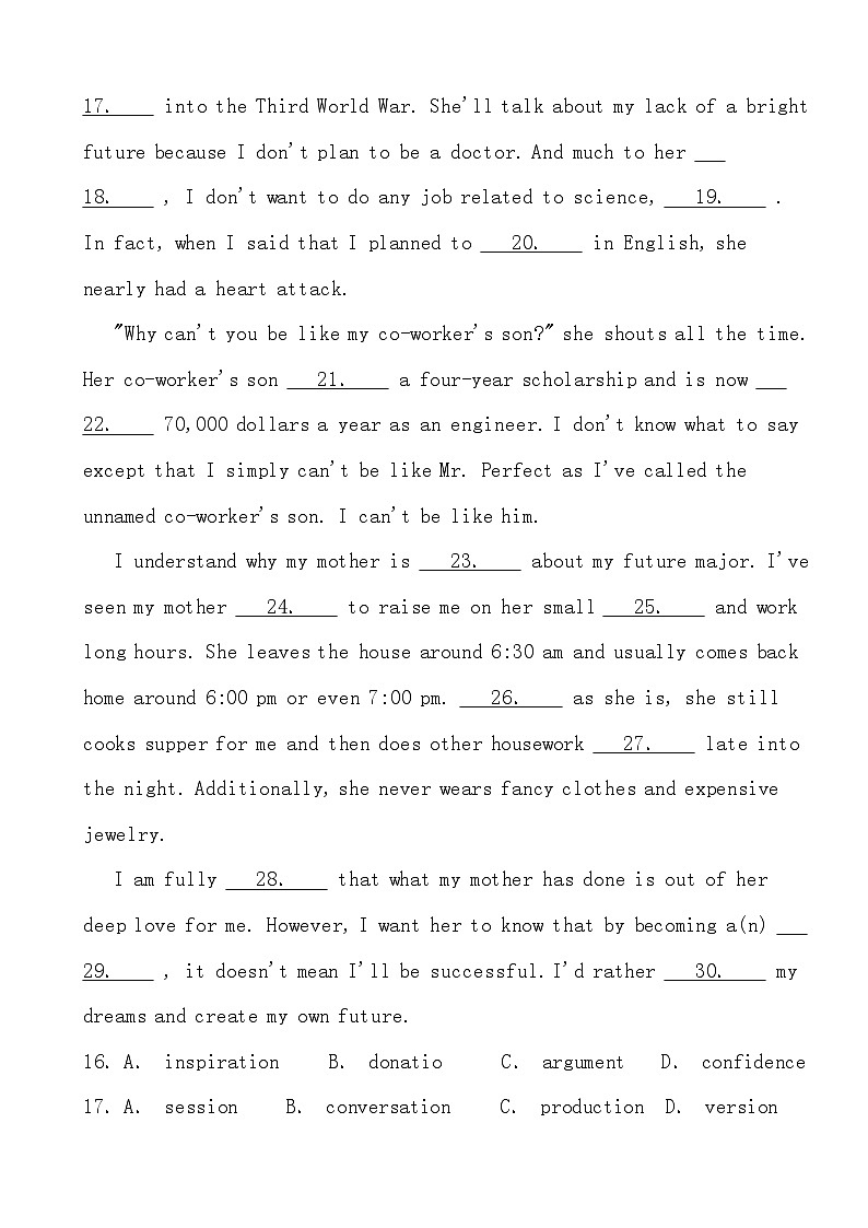 2024高考英语冲刺三轮考前完形填空部分训练专项短文类：故事阅读类题材第3页