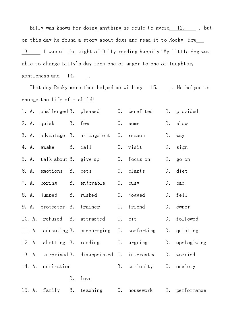2024高考英语冲刺三轮考前完形填空部分训练专项短文类：日常生活类题材答案第2页