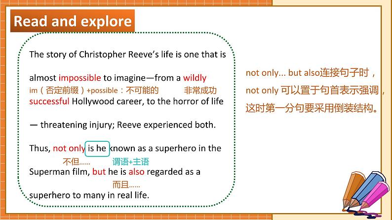 北师大版高中英语必修第二册  Unit 6 The admirable Lesson 3 The superhero behind superman（2） PPT课件08