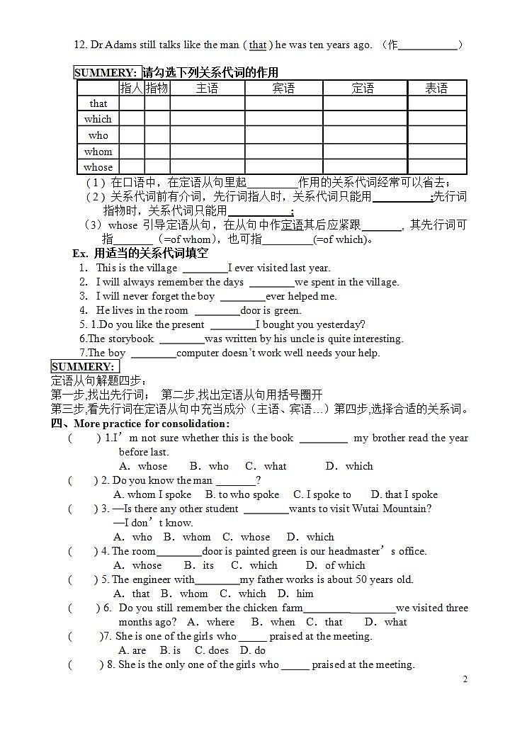 高三语法复习: 定语从句之关系代词导学案及答案02