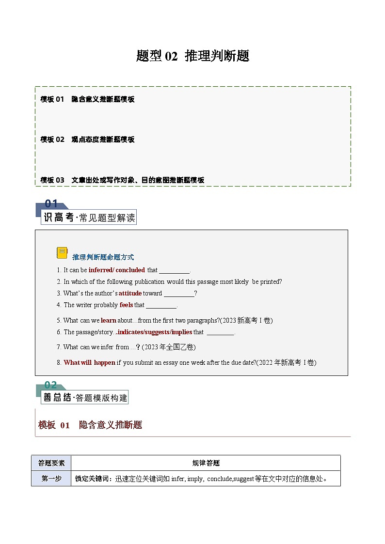 题型02 推理判断题（答题模板与解题技巧）-备战2024高考英语答题技巧与答题模板01
