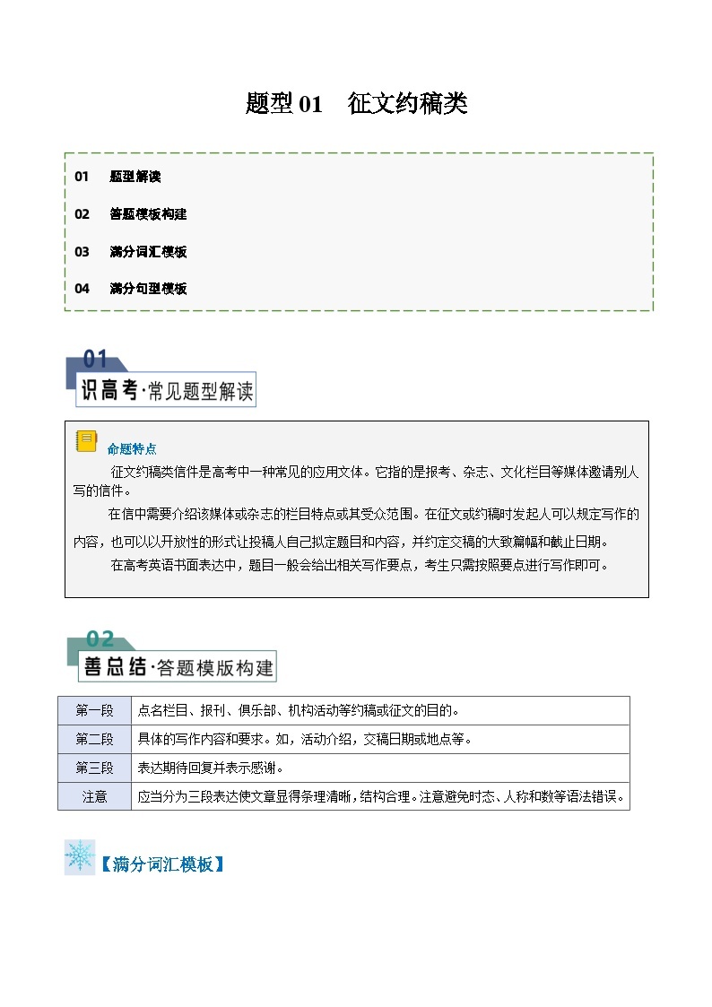 题型01 征文约稿（答题模板与解题技巧）-备战2024高考英语答题技巧与答题模板01