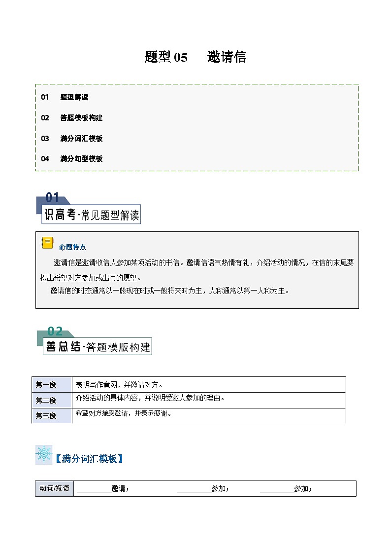 题型05 邀请信（答题模板与解题技巧）-备战2024高考英语答题技巧与答题模板01