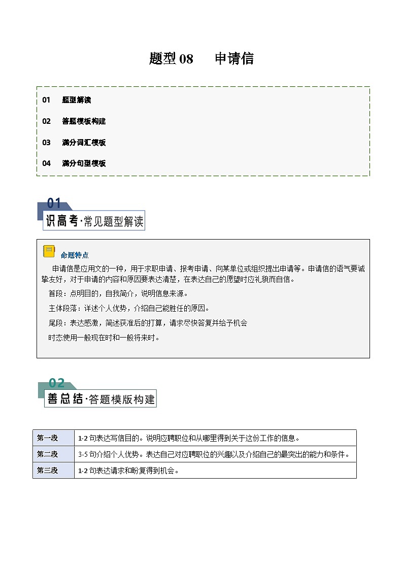 题型08 申请信（答题模板与解题技巧）-备战2024高考英语答题技巧与答题模板01