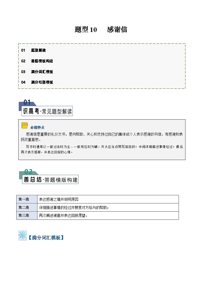 题型10 感谢信（答题模板与解题技巧）-备战2024高考英语答题技巧与答题模板01
