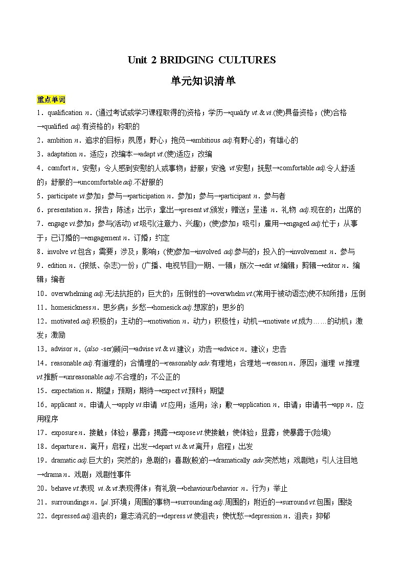 Unit 2 BRIDGING CULTURES(单元知识清单)-2023-2024学年高二英语同步精品课件+教学设计+导学案+分层作业（人教版2019选择性必修第二册）01