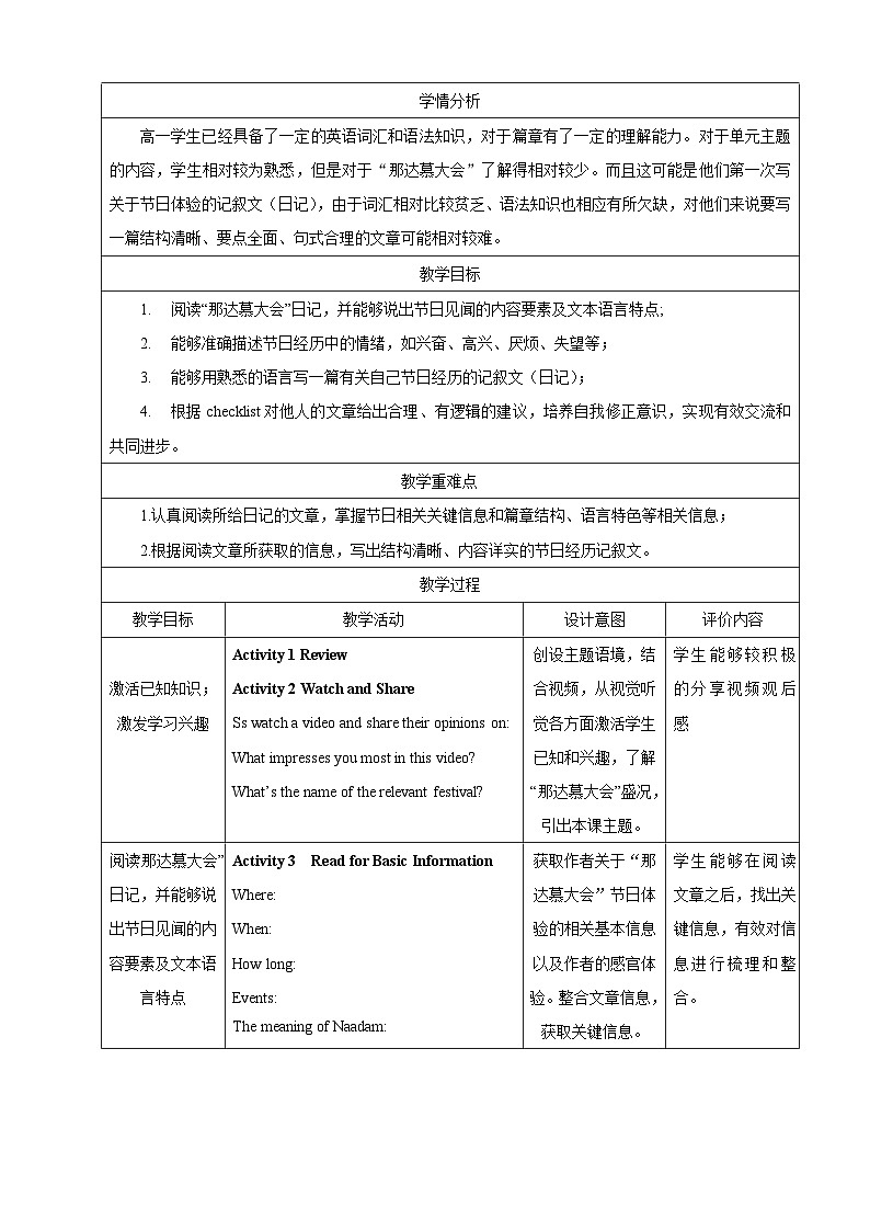 人教版英语必修第三册Period 5 Reading for Writing  教学设计02