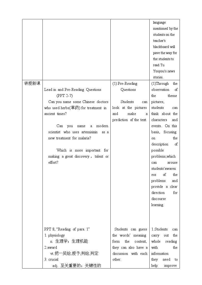 人教版高中选择性必修1英语 Unit1 People of achievement Period 1 Reading and Thinking 教案第2页