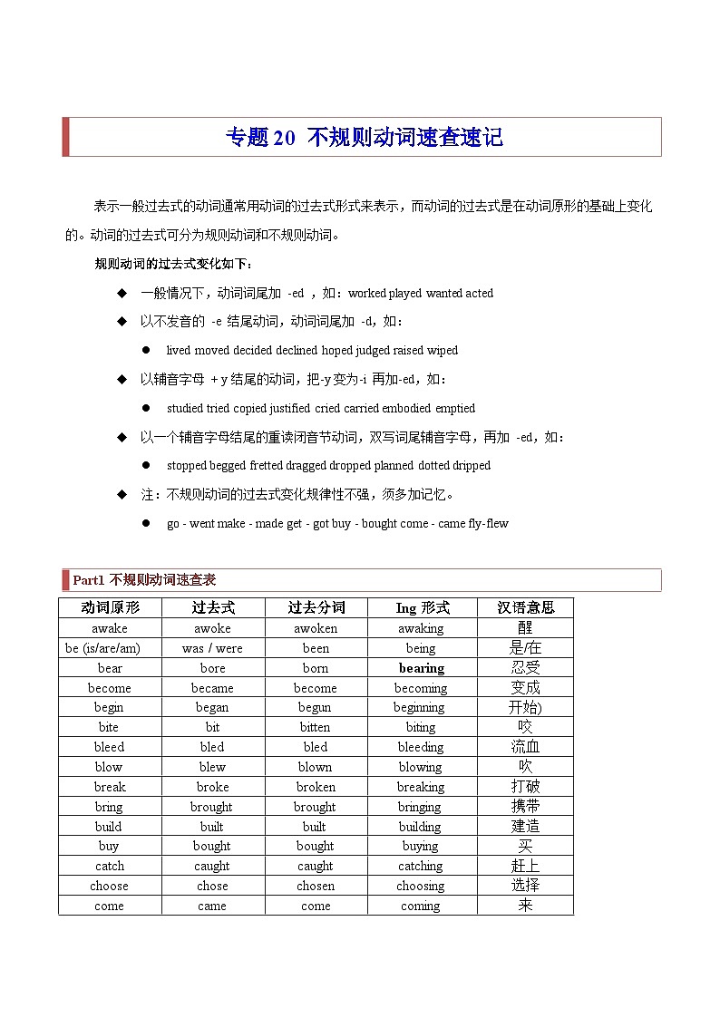 专题20 不规则动词速查速记第1页