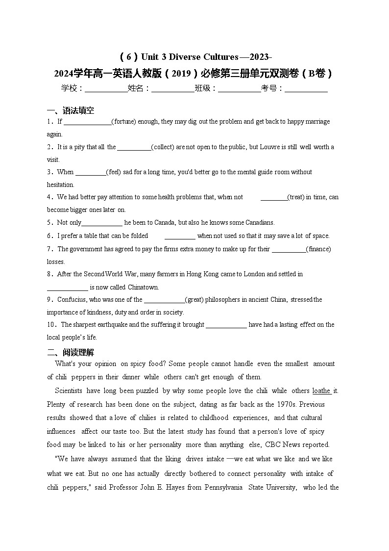 （6）Unit 3 Diverse Cultures—2023-2024学年高一英语人教版（2019）必修第三册单元双测卷（B卷）(含答案)01