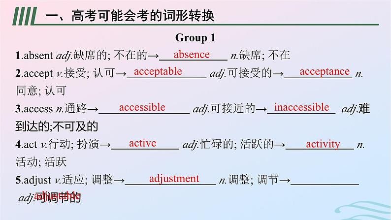 新高考新教材广西专版2024届高考英语二轮总复习第一部分背词形转换核心词汇课件02