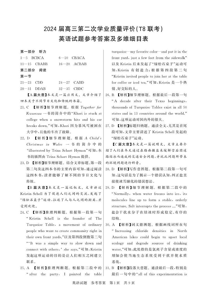 2024届高三第二次学业质量评价（T8联考）英语试题（附参考答案）01