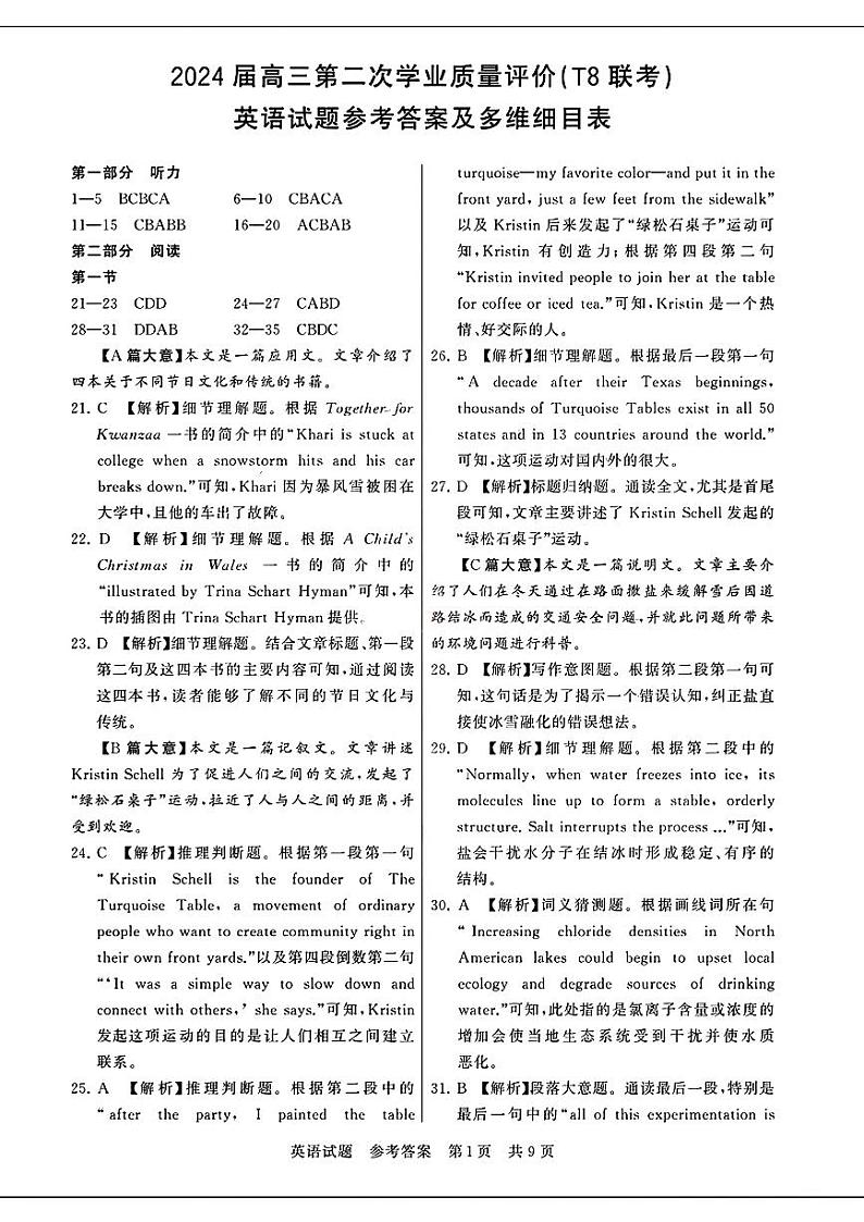 去手写_英语试题参考答案及多维细目表第1页