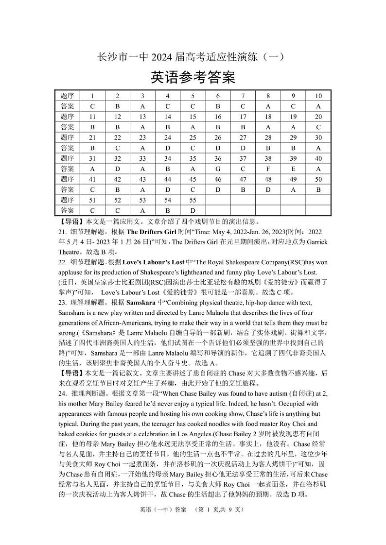 2024届湖南省长沙市第一中高三下学期高考适应性演练(一）英语答案第1页