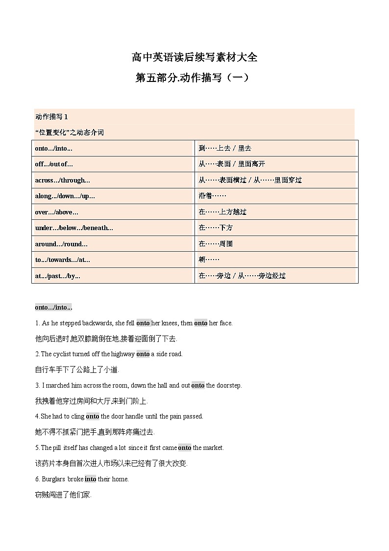 2024届高考英语二轮复习读后续写：动作描写1 学案素材01