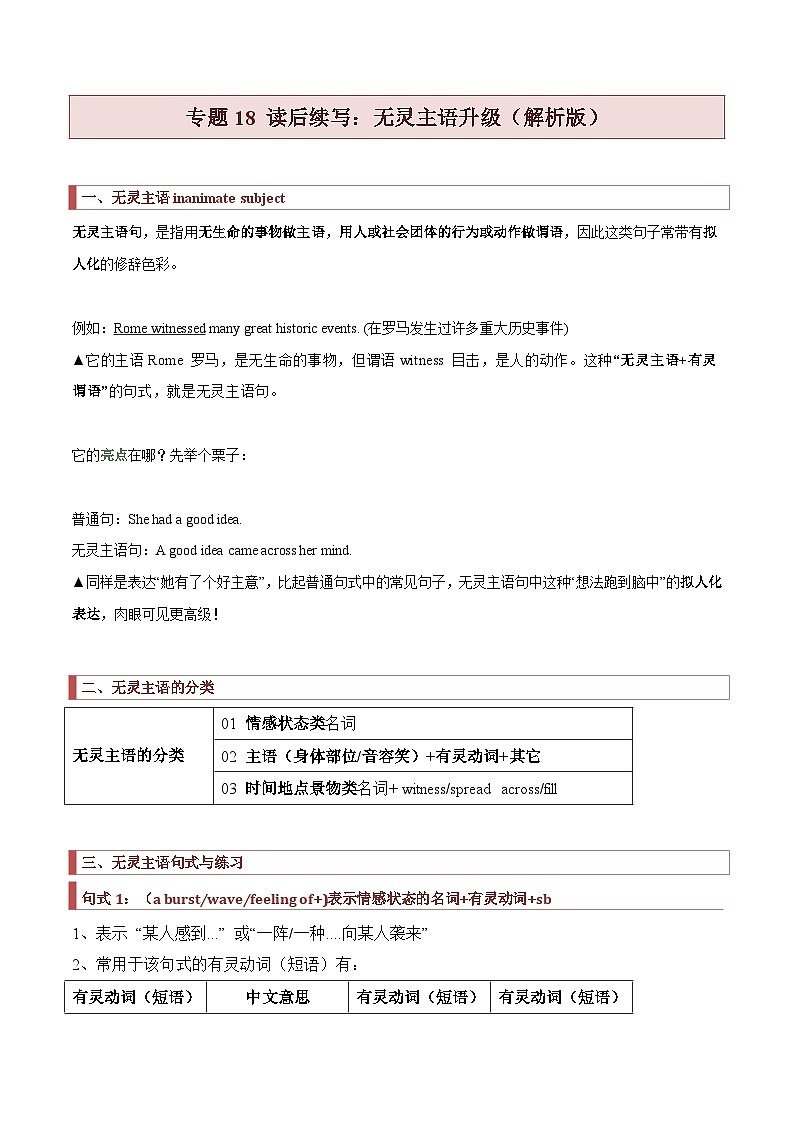 2024年高考英语读后续写核心素养与实战演练 专题18 读后续写：无灵主语升级 （原卷版+解析版）01