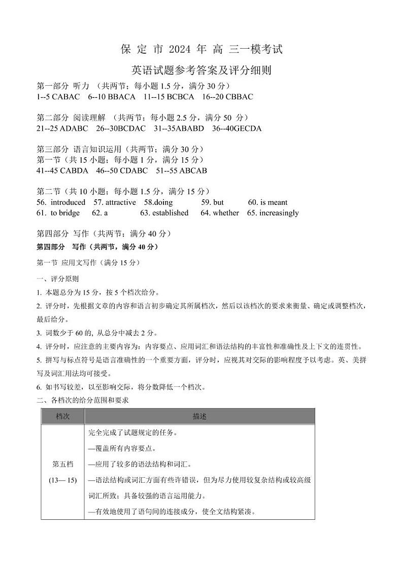 河北省保定市2024届高三下学期第一次模拟考试英语试卷（PDF版附答案）01