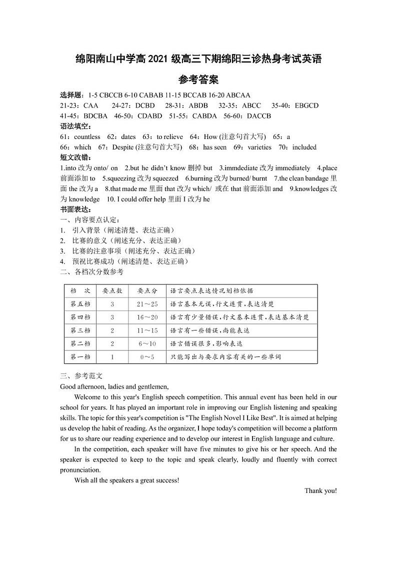 2024绵阳南山中学高三下学期4月绵阳三诊热身考试英语PDF版含答案（可编辑含听力）01