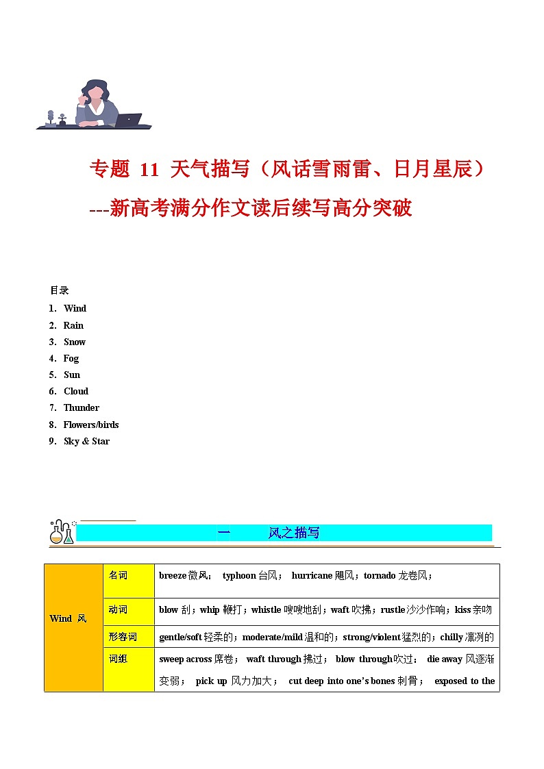 专题 11 读后续写之天气描写（风花雪雨雷、日月星辰）-2024年新高考英语满分作文读后续写高分突破+万能金句01