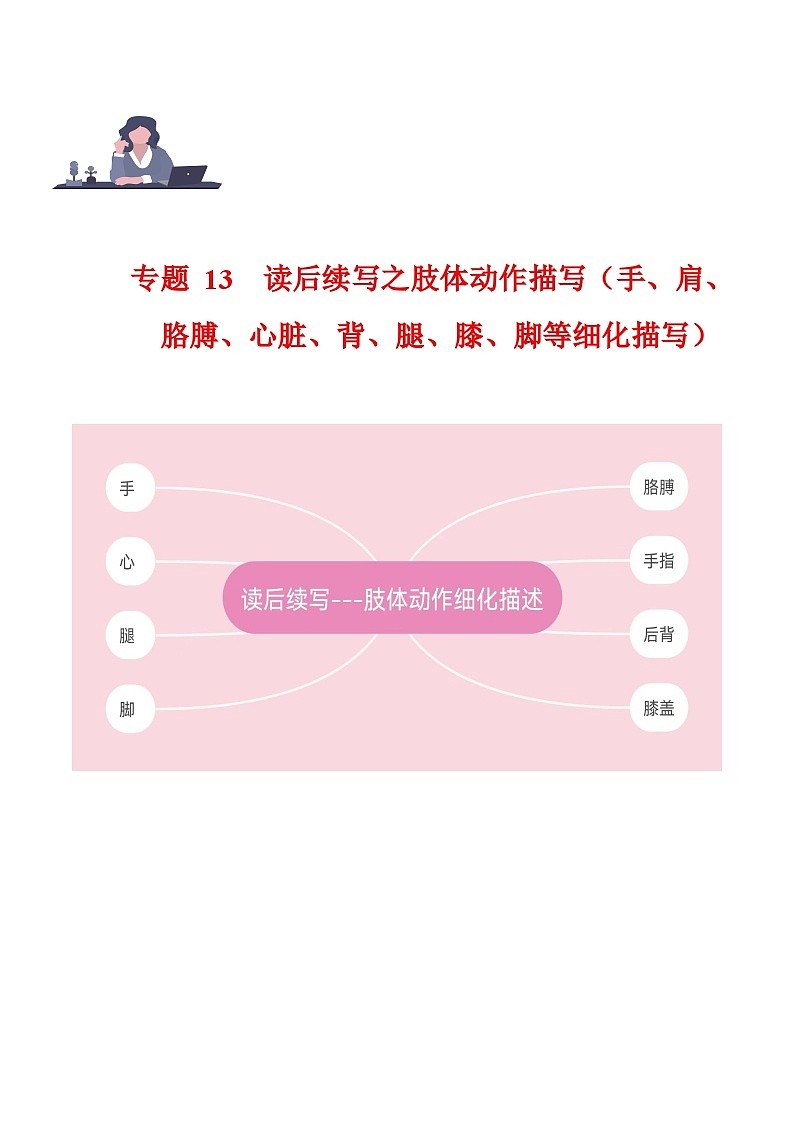 专题 13 读后续写之肢体动作描写（手、肩、心、背、腿、膝、脚等） --新高考满分作文读后续写高分突破第1页