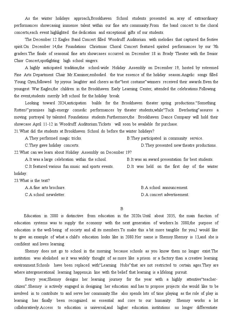 浙江省杭州市2024届高三下学期二模试题  英语  Word版含答案03