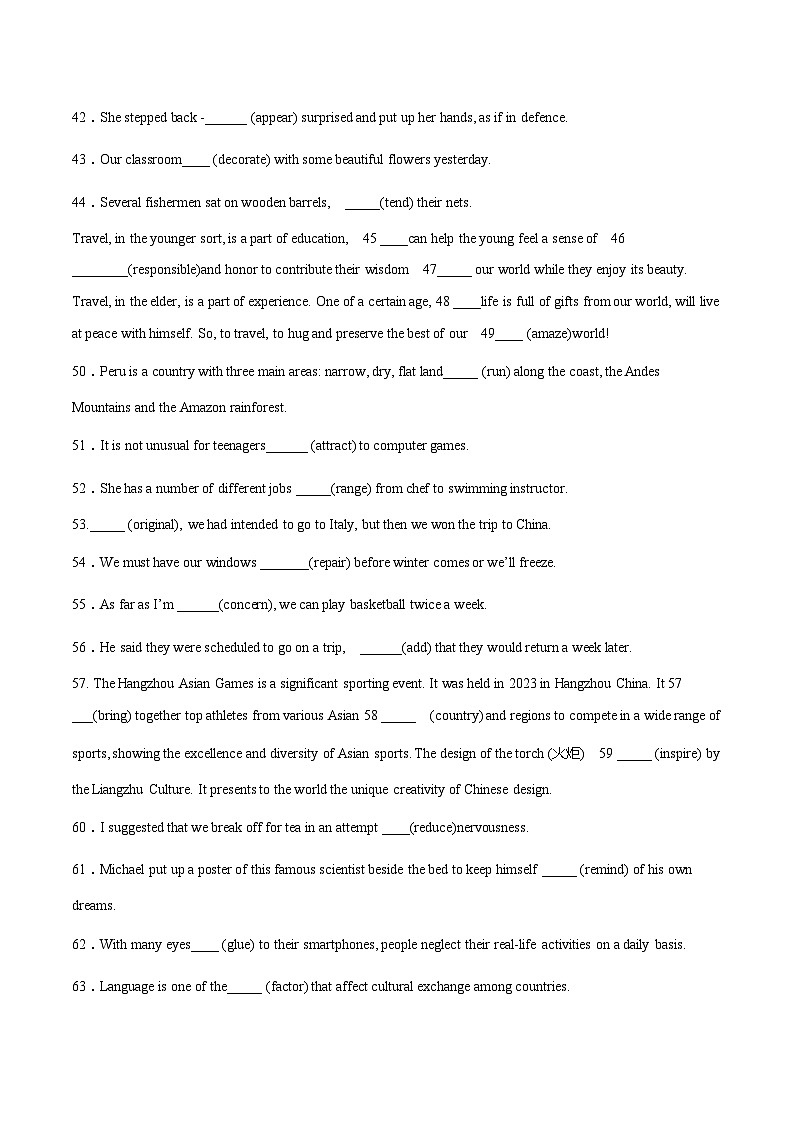 【期中复习】外研版2019 2023-2024学年高一下册英语  考题专练06 经典单句语法填空100题03