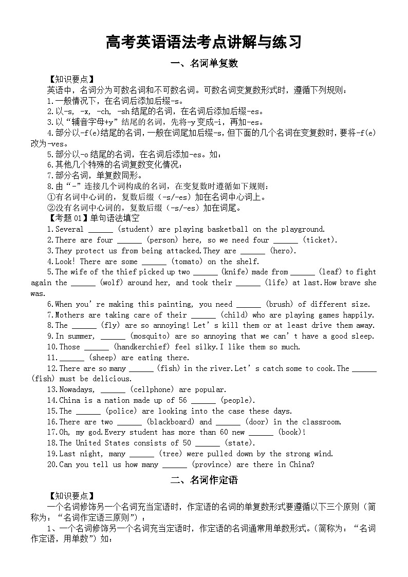 高中英语2024届高考考点讲解与练习（名词单复数+名词作定语+名词所有格）第1页
