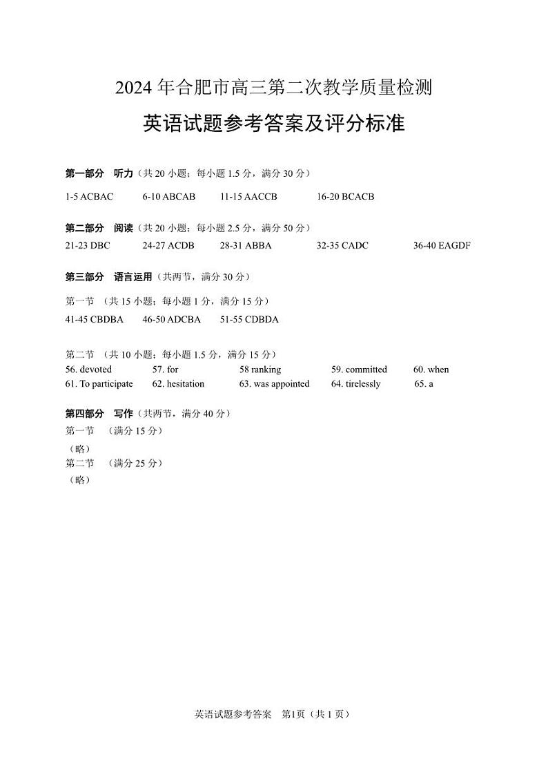 2024届安徽省合肥市高三下学期二模英语试卷+01