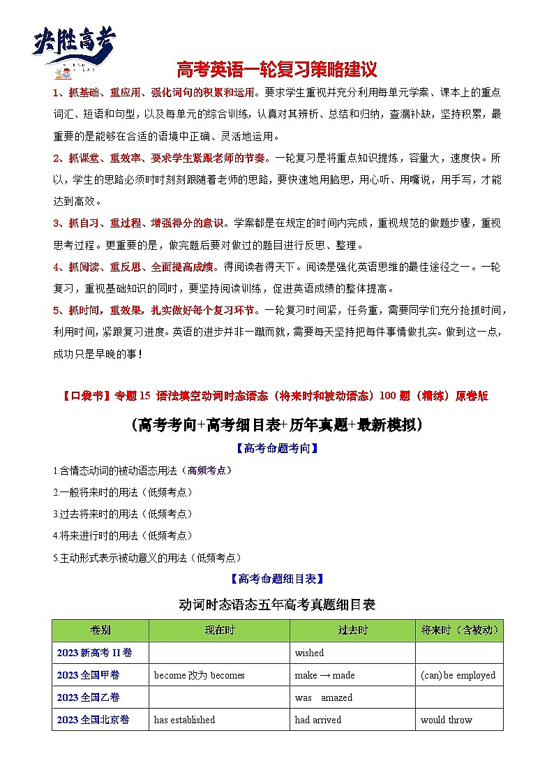 专题15 动词时态语态(将来时和被动语态)100题（精练）--【知识大盘点】2024高考英语一轮复习知识大盘点红宝书01
