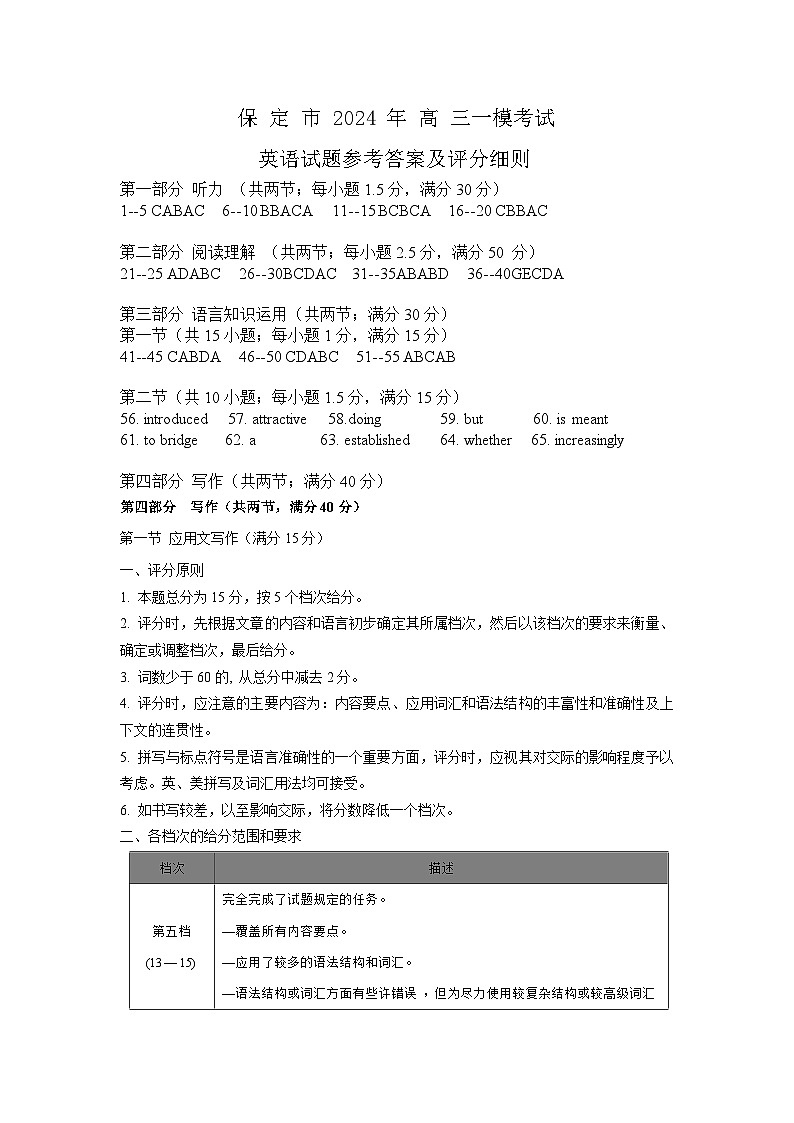 2024届河北省保定市高三下学期一模考试英语试题01