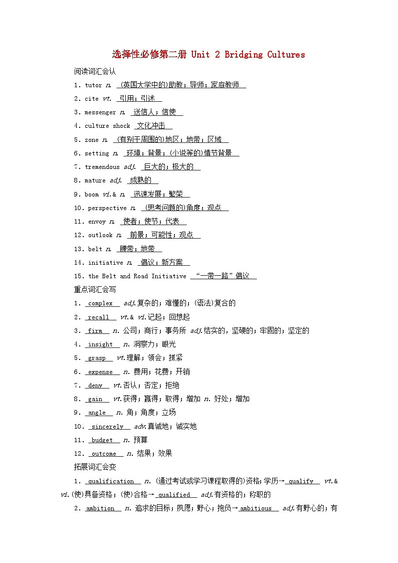 2025版高考英语一轮总复习重点单词练习选择性必修第二册Unit2BridgingCultures第1页