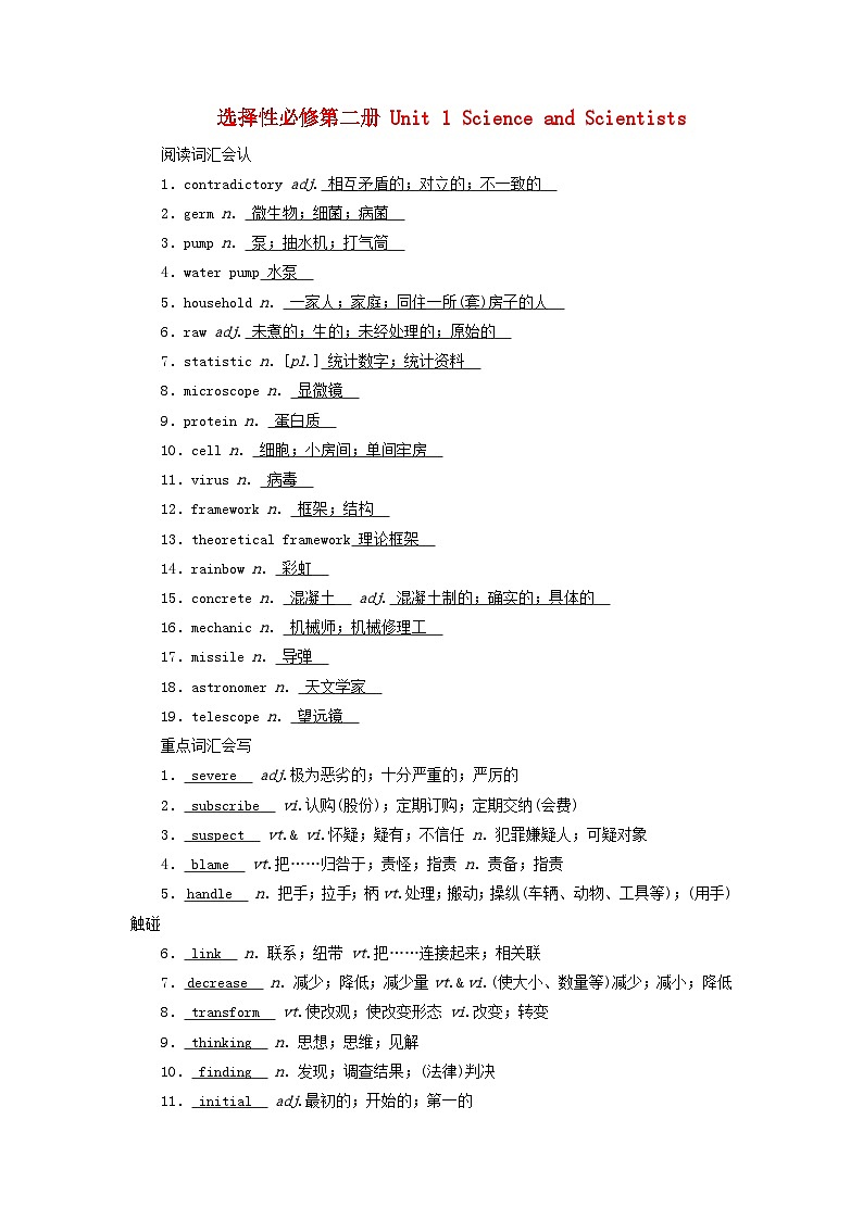 2025版高考英语一轮总复习重点单词练习选择性必修第二册Unit1ScienceandScientists第1页