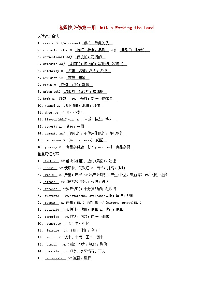 2025版高考英语一轮总复习重点单词练习选择性必修第一册Unit5WorkingtheLand第1页