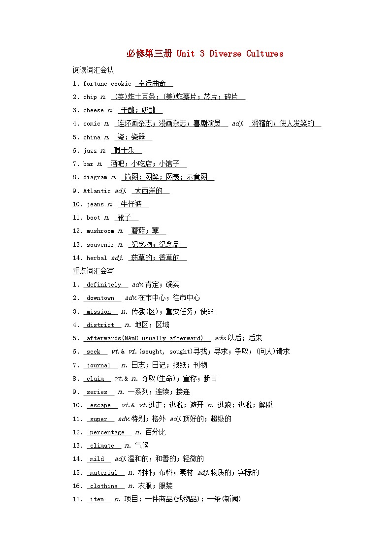 2025版高考英语一轮总复习重点单词练习必修第三册Unit3DiverseCultures第1页