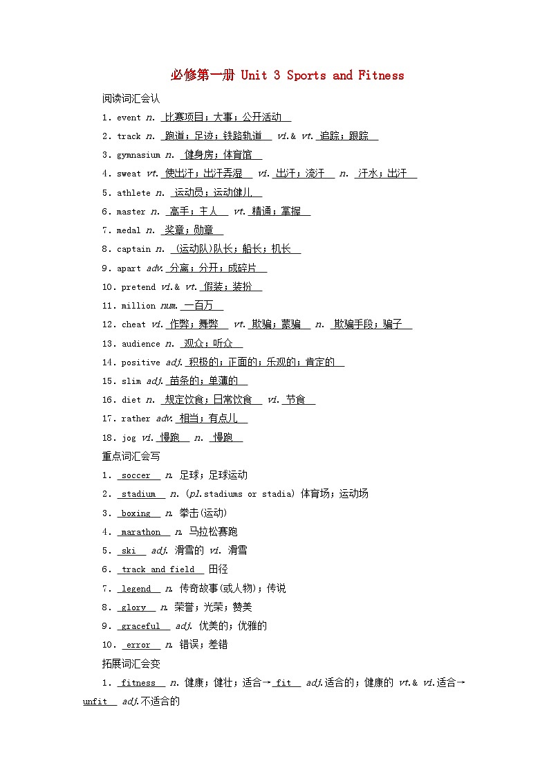 2025版高考英语一轮总复习重点单词练习必修第一册Unit3SportsandFitness第1页