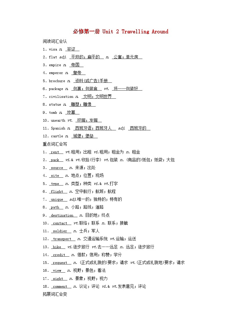 2025版高考英语一轮总复习重点单词练习必修第一册Unit2TravellingAround第1页