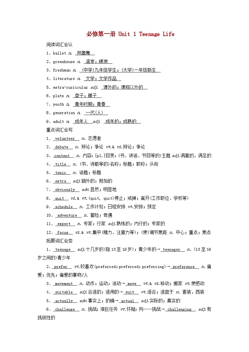 2025版高考英语一轮总复习重点单词练习必修第一册Unit1TeenageLife01