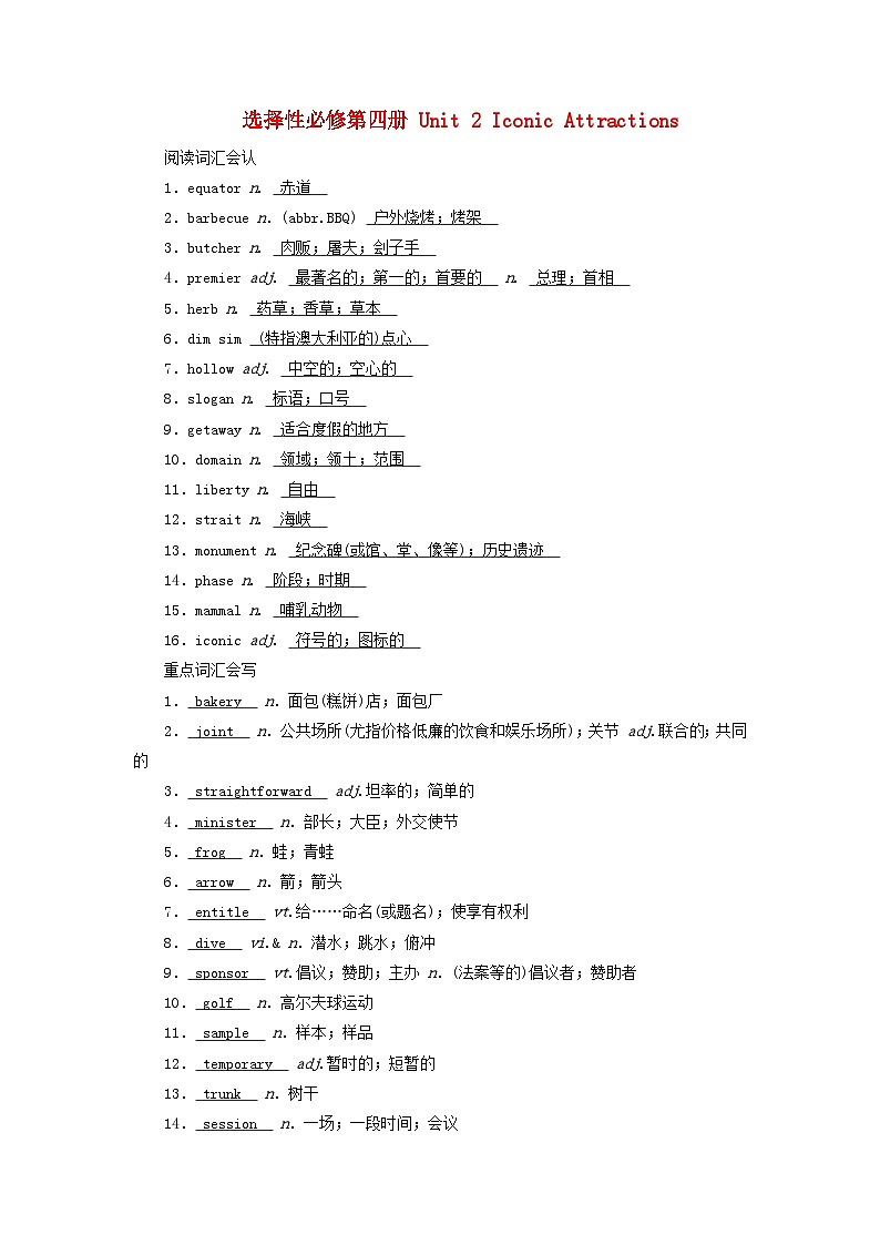 2025版高考英语一轮总复习重点单词练习选择性必修第四册Unit2IconicAttractions第1页