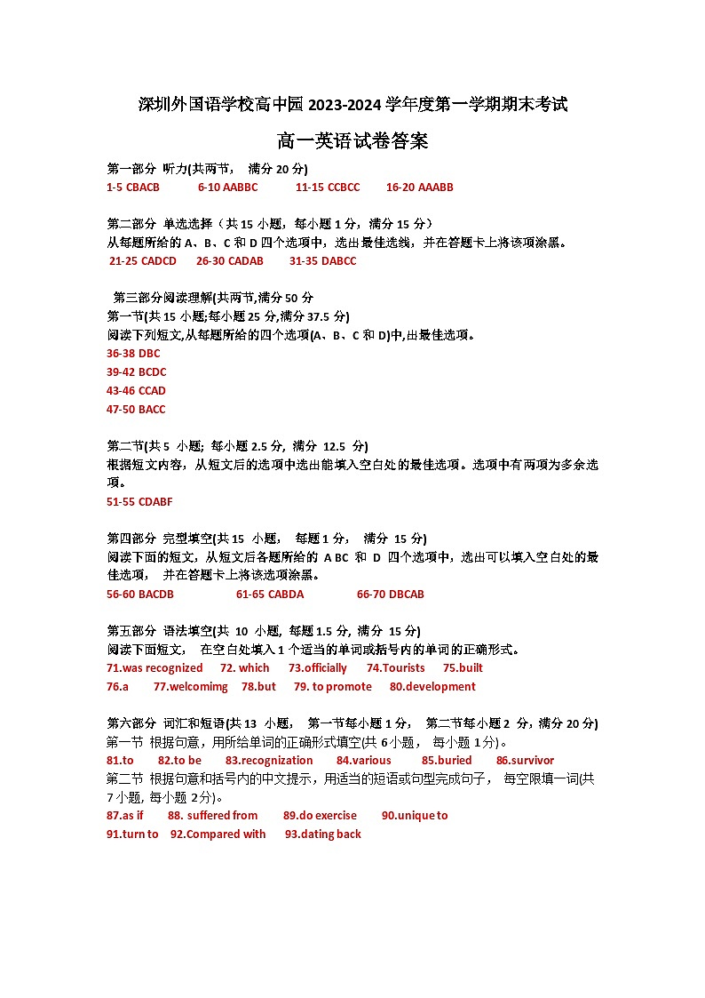 2023-2024深圳外国语学校高中园高一第一学期英语期末试卷答案第1页