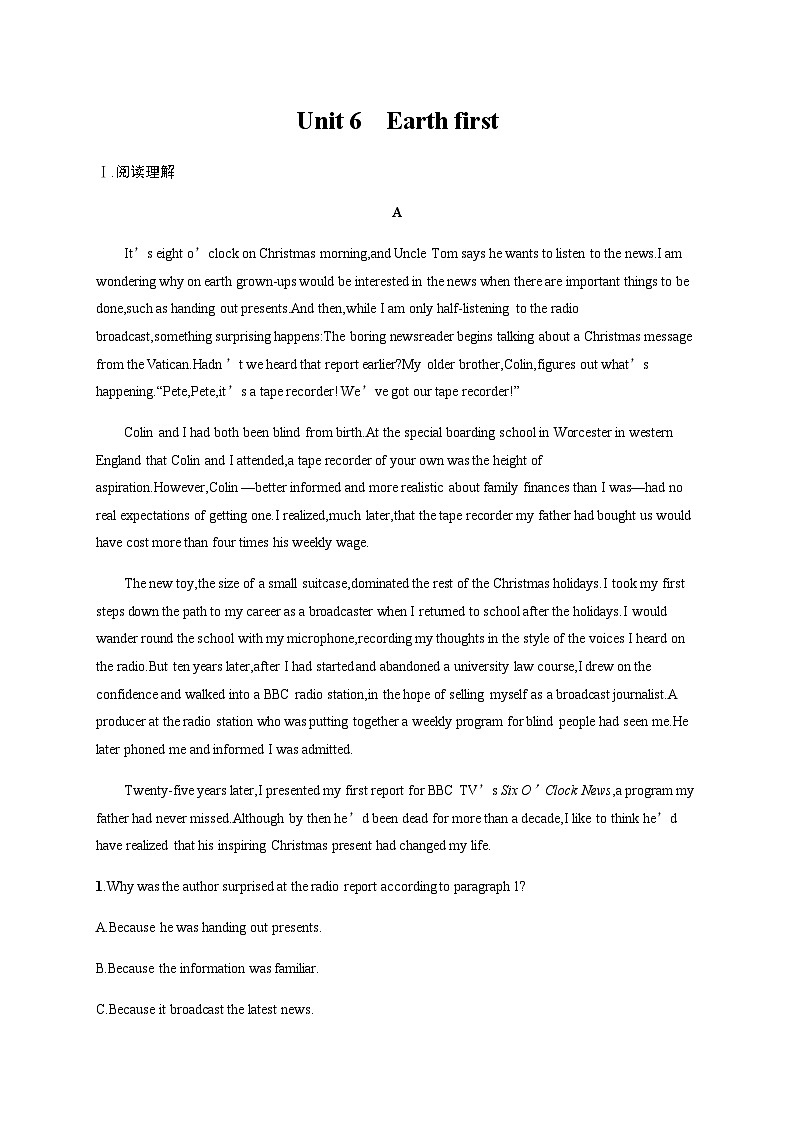 外研版高考英语一轮复习必修第二册 Unit6 Earth first练习含答案第1页