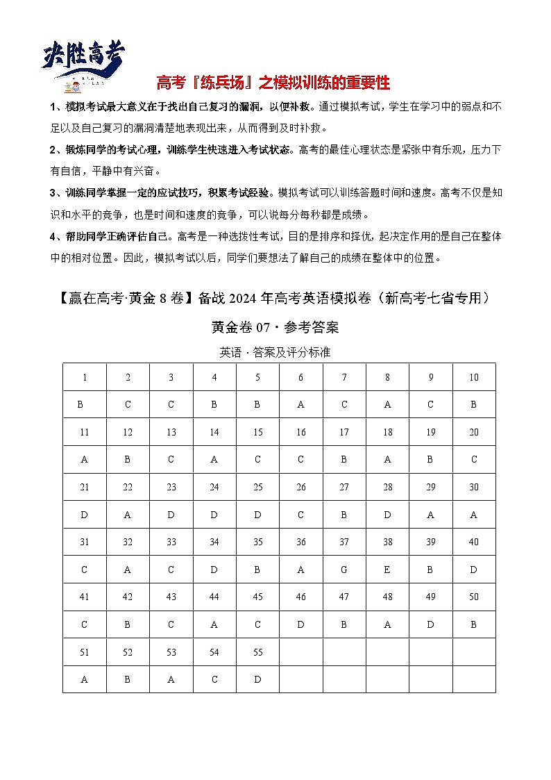 黄金卷07-【赢在高考·黄金8卷】备战2024年高考英语模拟卷（新高考七省专用）（参考答案）第1页