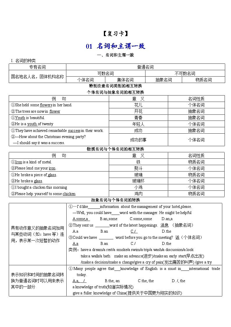01名词和主谓一致(复习卡)-2024年高考英语一轮复习语法能力突破必备(PPT+复习卡+精练题)(通用版) word+ppt01
