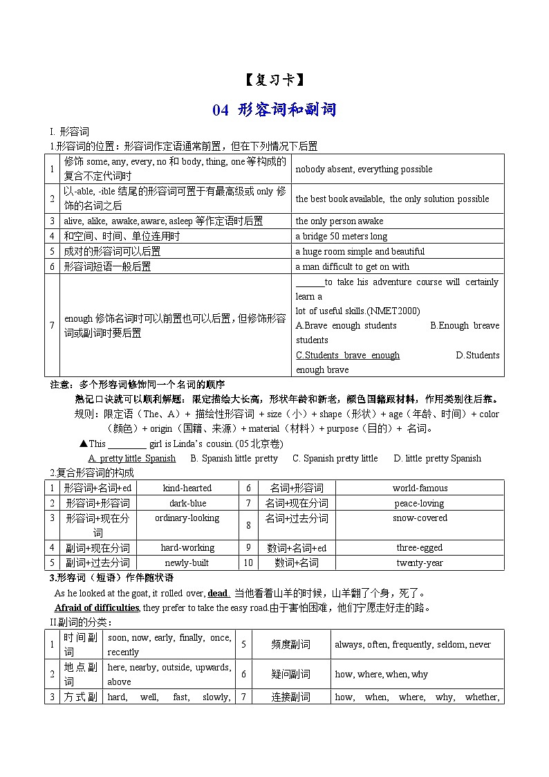 04形容词和副词(复习卡)-2024年高考英语一轮复习语法能力突破必备(PPT+复习卡+精练题)(通用版) word+ppt01