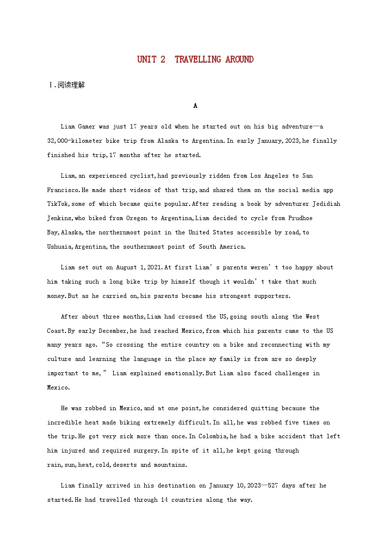 新人教版2025届高考英语一轮复习课时练Unit2TravellingAround必修第一册含答案01