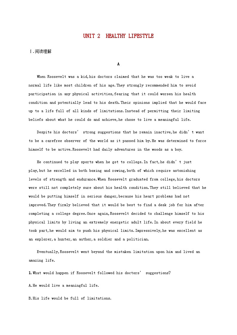 新人教版2025届高考英语一轮复习课时练Unit2HealthyLifestyle选择性必修第三册含答案第1页
