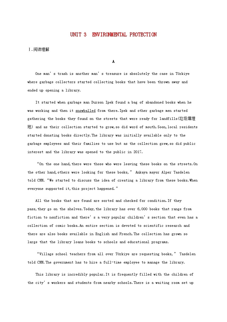 新人教版2025届高考英语一轮复习课时练Unit3EnvironmentalProtection选择性必修第三册含答案01