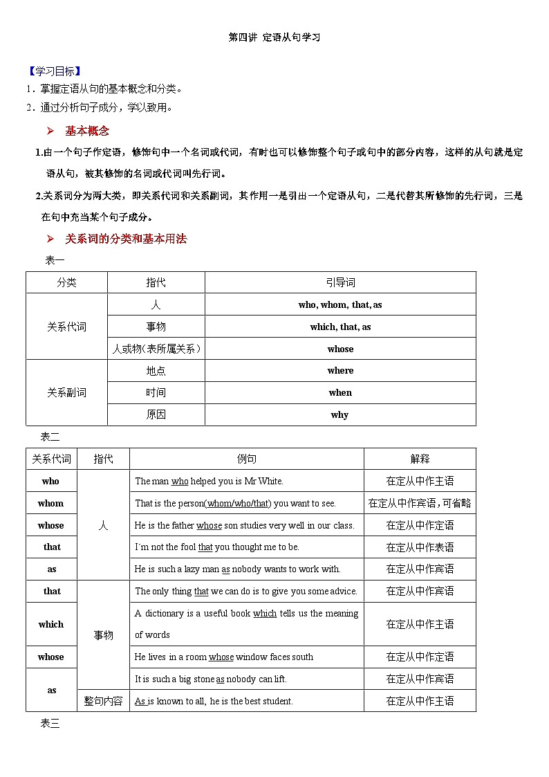 第四讲 定语从句学习-语法练习带答案 高一英语必修一01