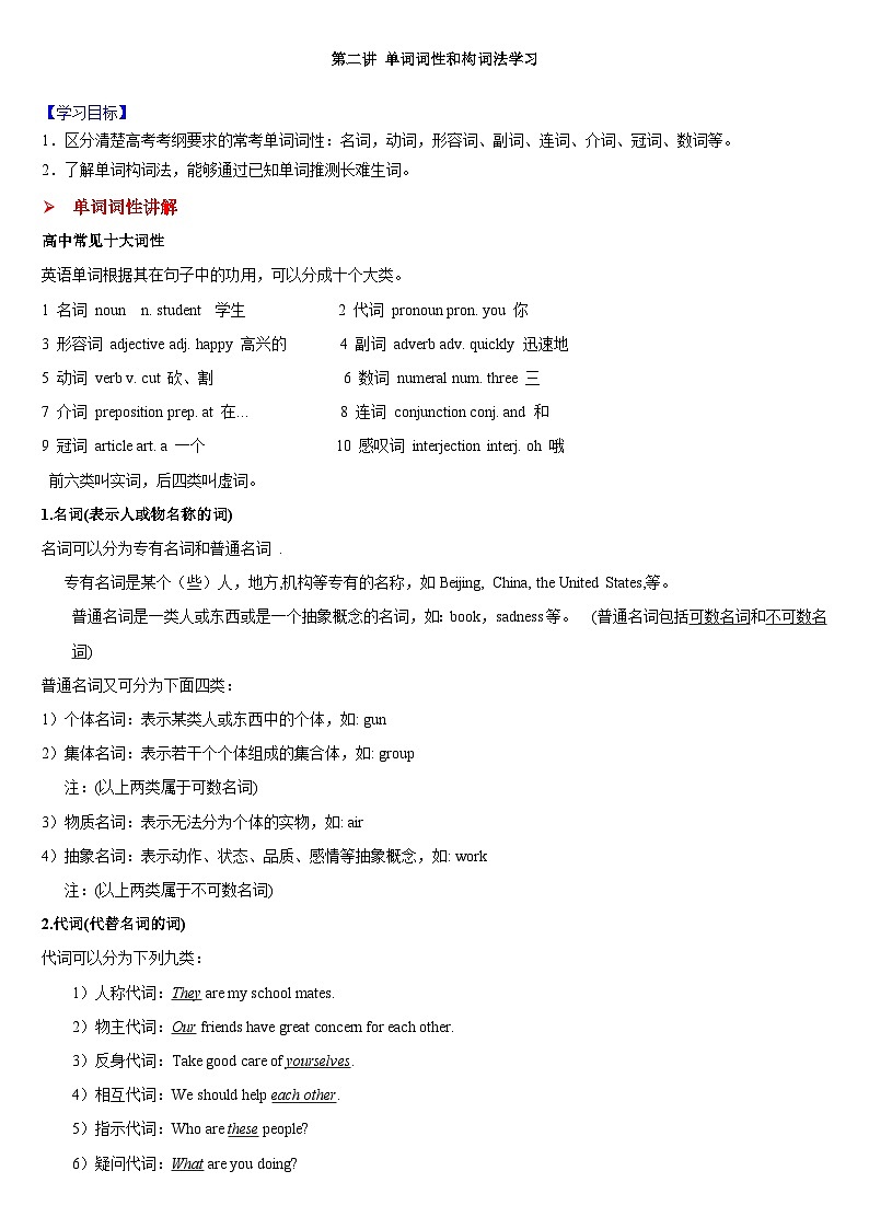 第二讲 单词词性和构词法学习-专项习题带答案 高一英语01