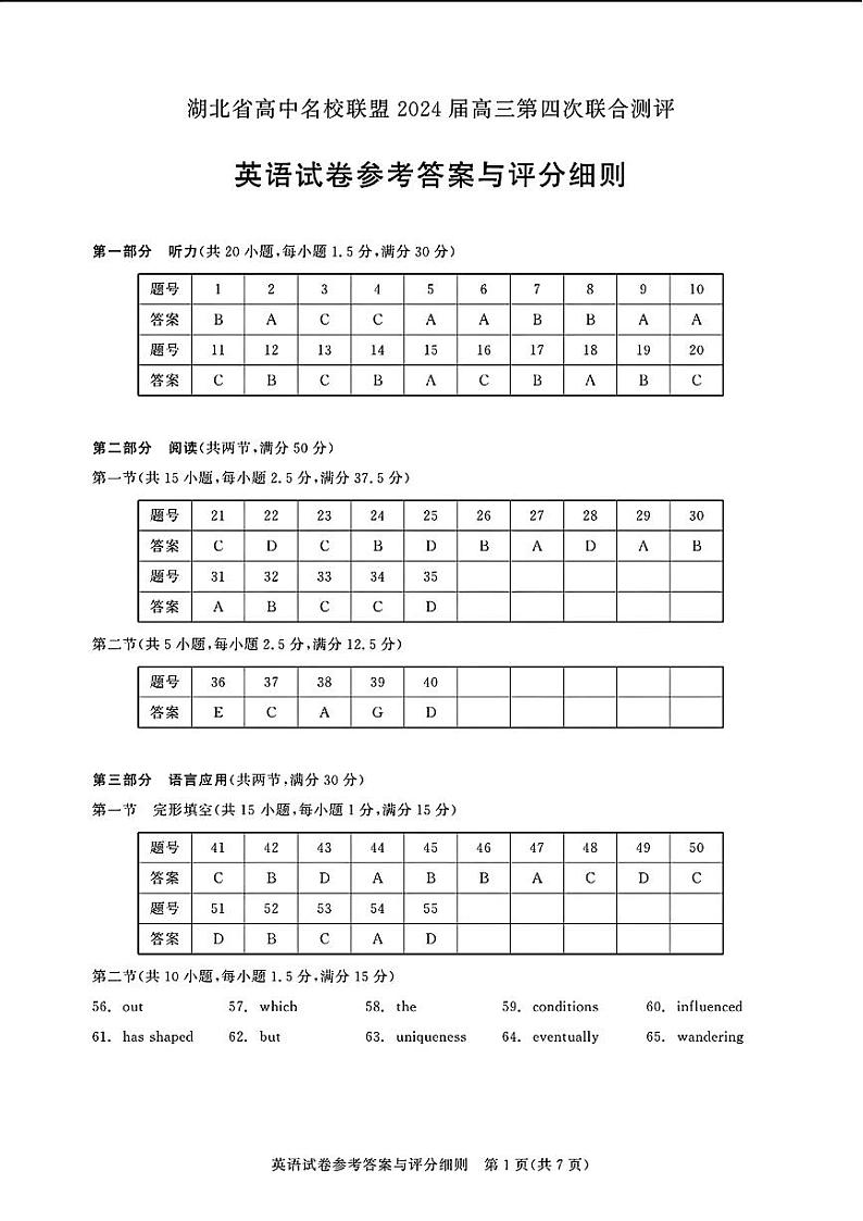 湖北省高中名校联盟2024届高三下学期第四次联合测评（三模）英语试卷（PDF版附答案）01