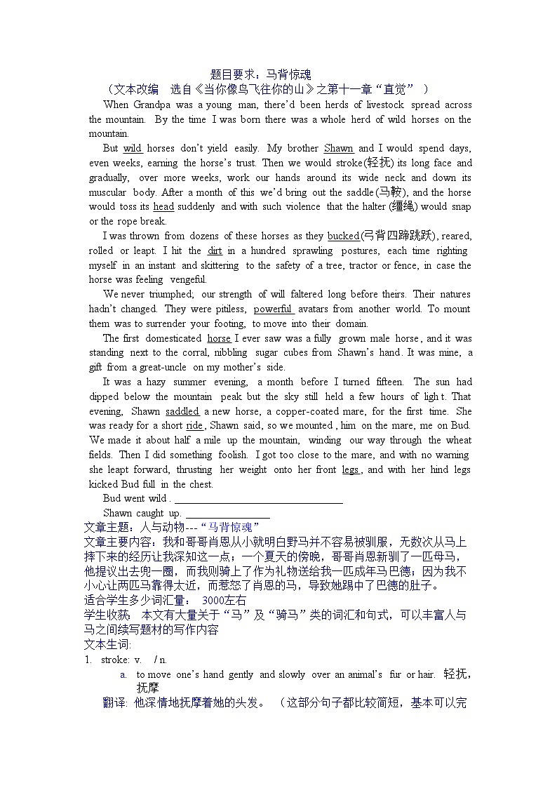 新高考英语读后续写素材课件 新高考英语读后续写素材 指向续写的小说素材1：马背惊魂第1页